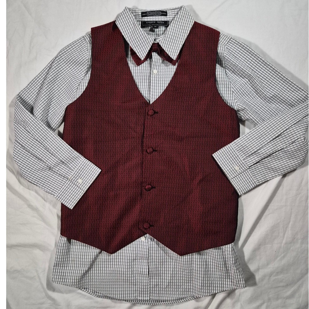 Andrew Fezza Boys 3pc Vest Set Size 14 Burgundy Black White Dress Shirt Tie